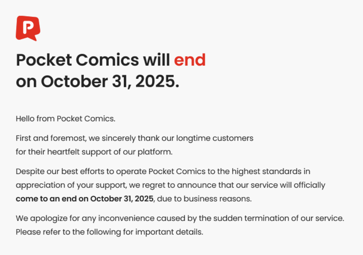 pocket comics service termination